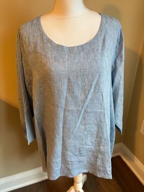 Match Point USA 100% Linen Top Blue 3/4 Sleeve Relaxed Tunic Lightweight